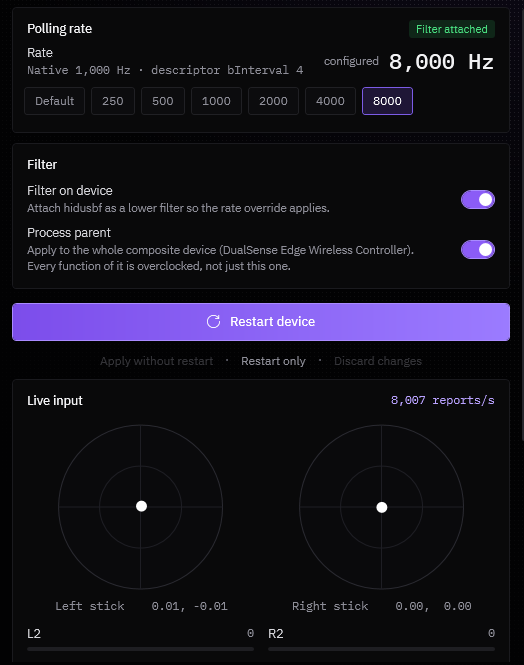 Polling rate set to 8,000 Hz with live stick input reading 8,007 reports per second